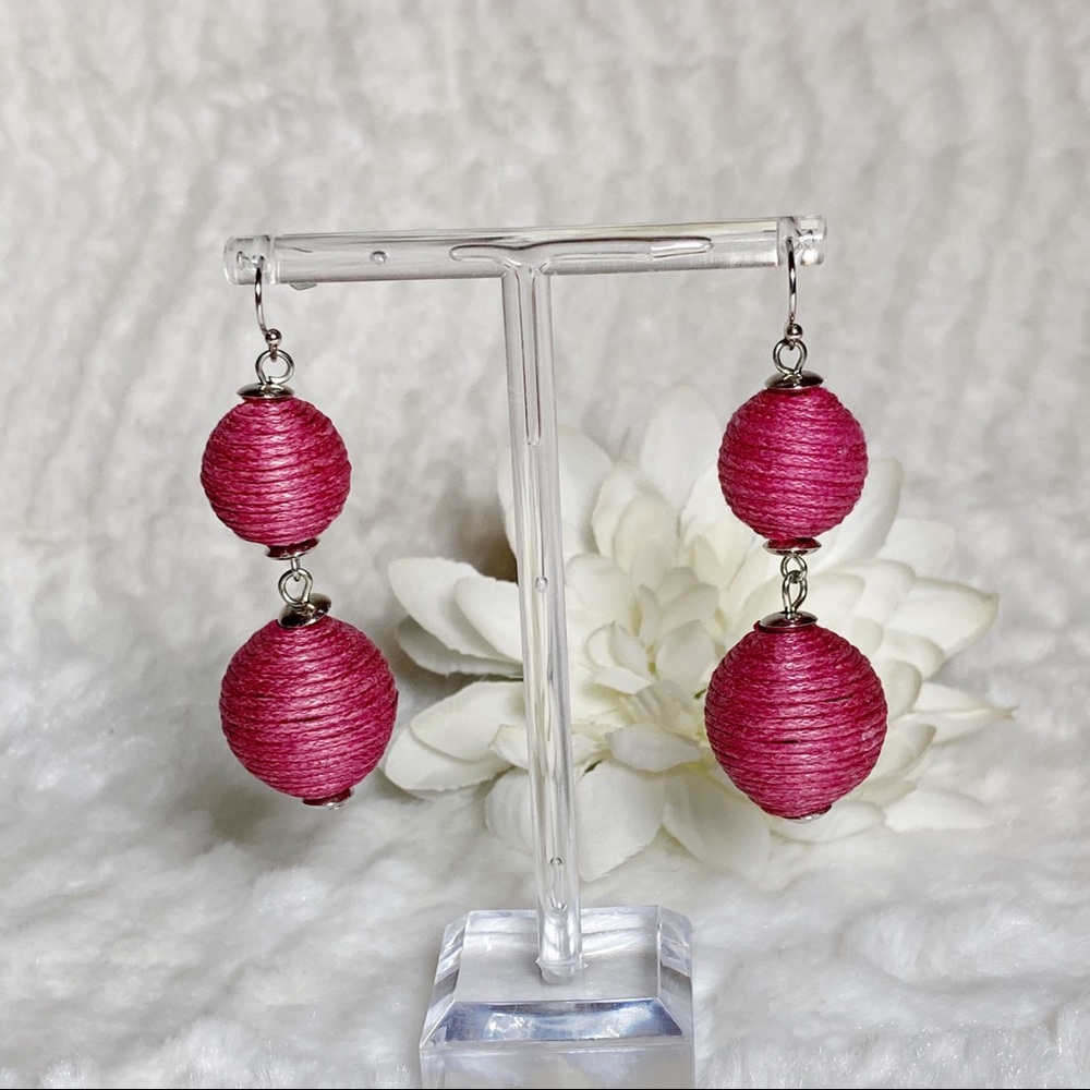 Pink Bonbon Thread Wrapped Ball Dangle Earrings